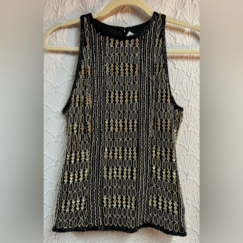 Papell Boutique Evening Small Black and Gold Beaded Silk Top
